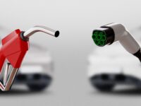 Diesel versus electric. Gas or electric station. 3d rendering illustration