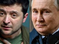 (COMBO) This combination of file pictures created on March 6, 2022 shows Ukrainian President Volodymyr Zelensky (L) during a press conference in Kyiv on March 3, 2022; and Russian President Vladimir Putin (R) at the National Space Centre construction site in Moscow on February 27, 2022. - Russian President Vladimir Putin will attend the G20 summit in November and Ukrainian leader Volodymyr Zelensky has also been invited, the leader of host nation Indonesia said on April 29, 2022. (Photo by Sergei SUPINSKY and Sergei GUNEYEV / various sources / AFP)