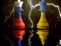 Ukraine and Russia flags paint over on chess king. 3D illustration Ukraine vs Russia crisis.