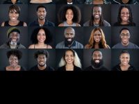 Composite collection of 20 individual portraits of black men and women aged 19-64 wearing casual clothing and smiling at camera against dark background.